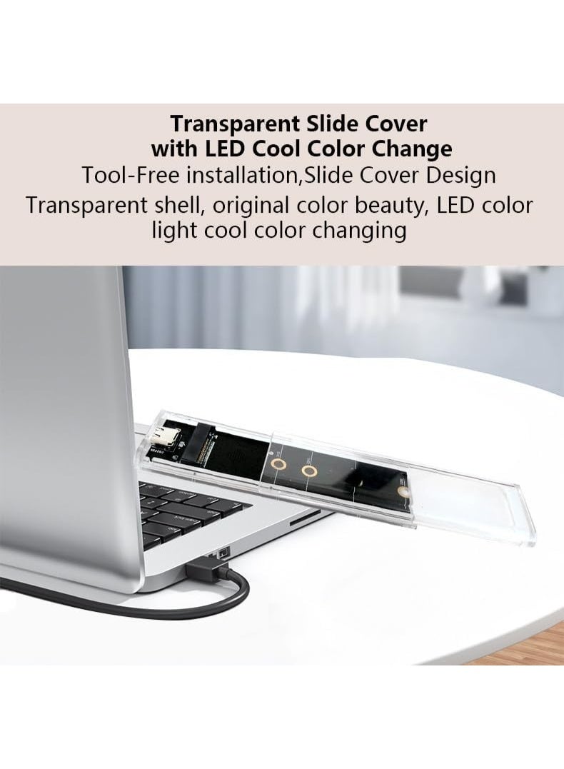 علبة SSD شفافة مع إضاءة RGB – محول M.2 NVMe و SATA بمنفذ USB-C 3.2 Gen 2، سرعة 10Gbps NVMe / 5Gbps SATA، تدعم M-Key و B+M Key 2230/2242/2260/2280، مع كابل Type-C - Image 2