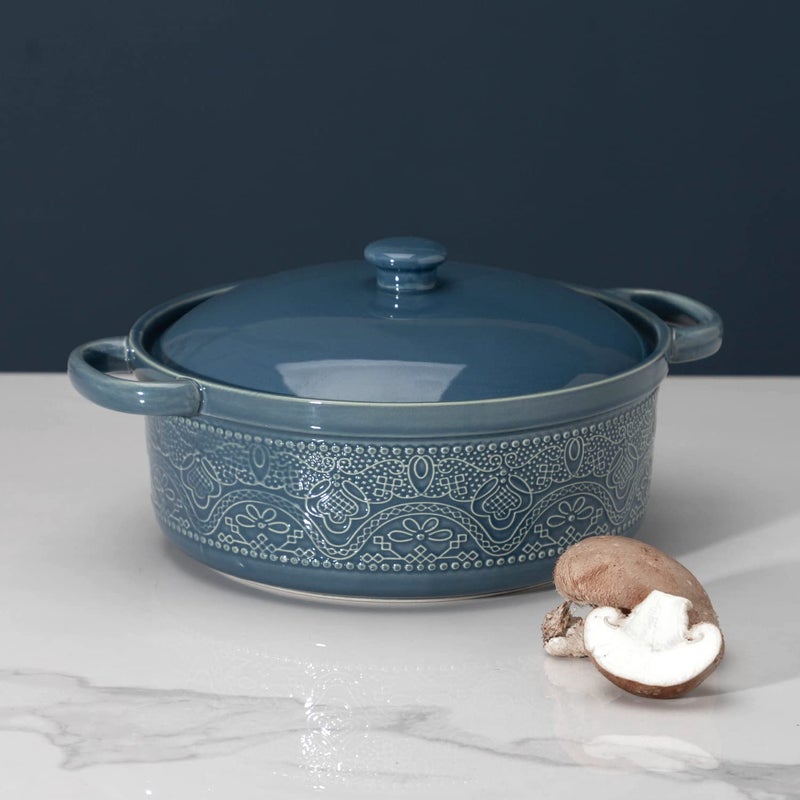 FE FUN ELEMENTS FUN ELEMENTS Lace Emboss Casserole Dish with Lid, 2 Quart Oven to Table Ceramic Round Serving Dish with Handles for Dinner and Party, Thanksgiving Christmas Gifts(Grayish Blue) - Image 2
