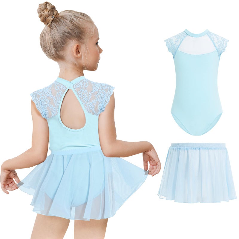 Gogokids Ballet Leotards for Girls Dance Leotards Toddler Hollow Back Lace Dance Dress with Removable Skirt Combo, Blue(120/4-5T) - Image 1