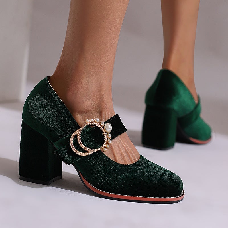 Foreign Orders 2025 Fashion High Heels 33-48 Sizes Pearl Belt Buckle Shallow Mouth Shoes - Image 2
