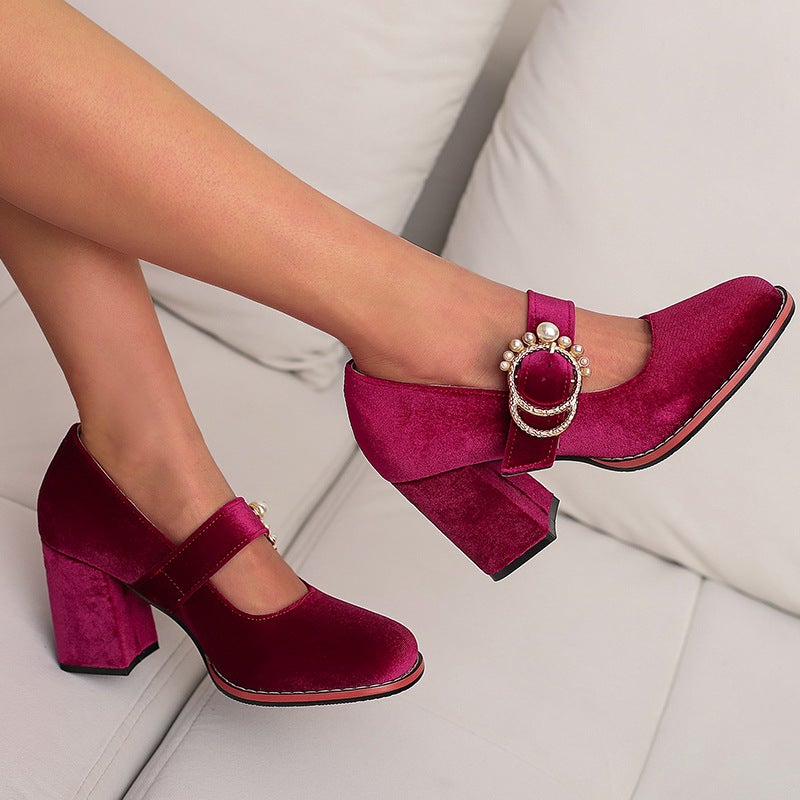 Foreign Orders 2025 Fashion High Heels 33-48 Sizes Pearl Belt Buckle Shallow Mouth Shoes - Image 5
