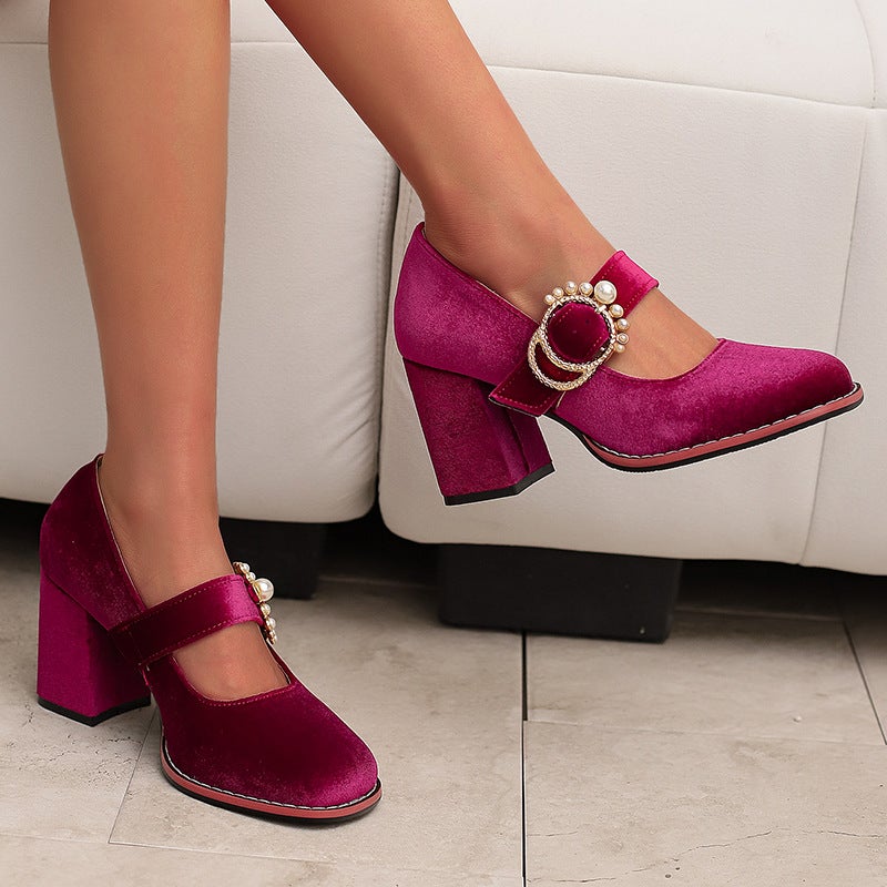 Foreign Orders 2025 Fashion High Heels 33-48 Sizes Pearl Belt Buckle Shallow Mouth Shoes - Image 3