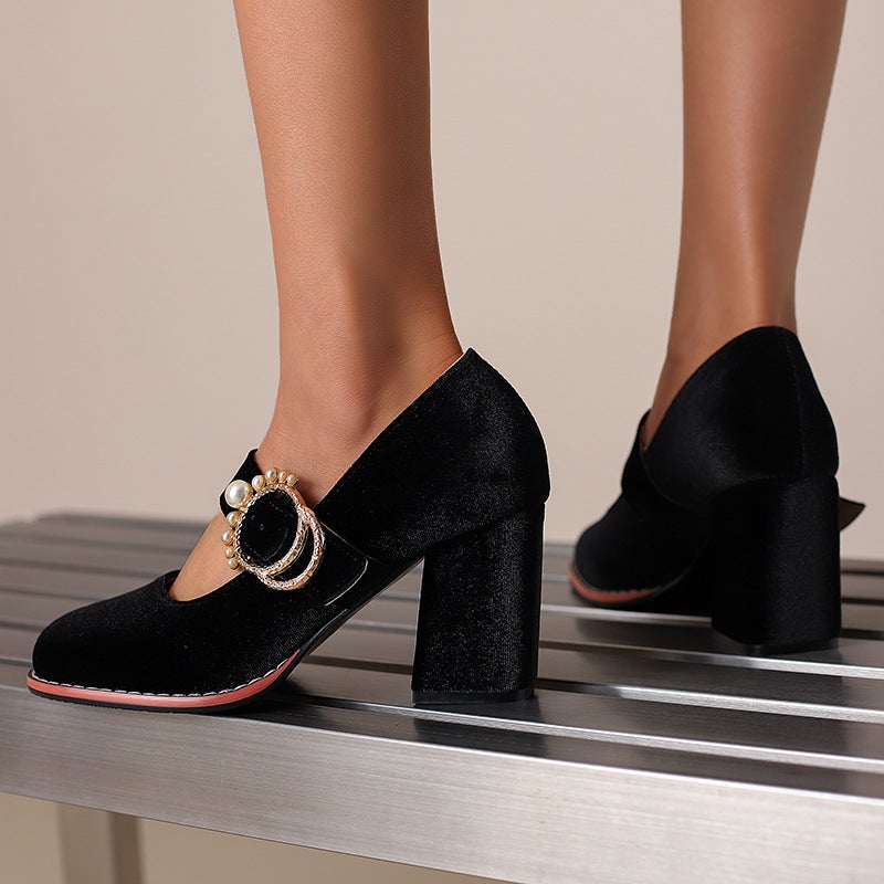 Foreign Orders 2025 Fashion High Heels 33-48 Sizes Pearl Belt Buckle Shallow Mouth Shoes - Image 4