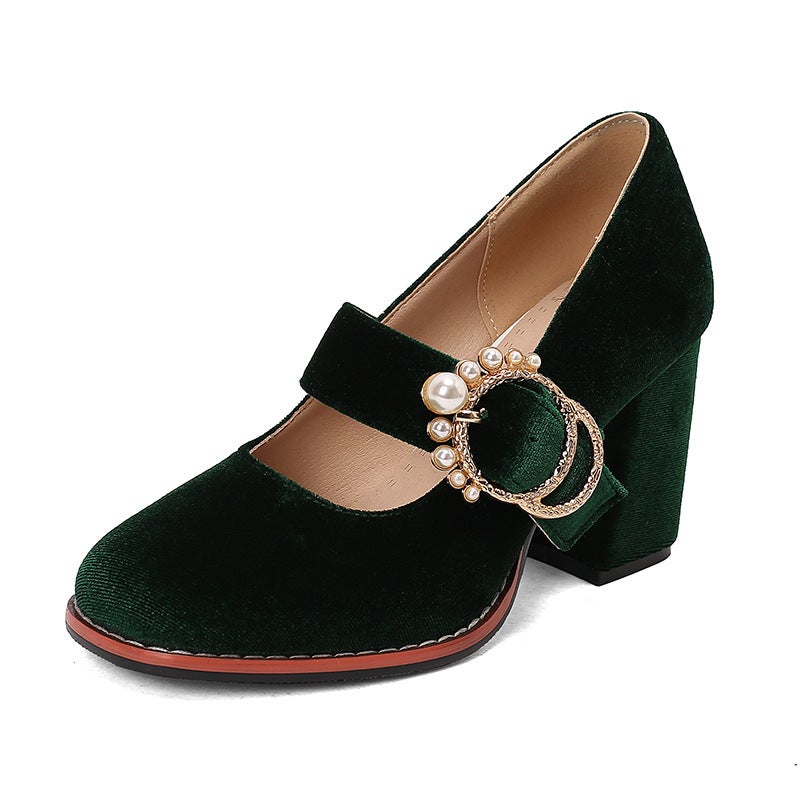 Foreign Orders 2025 Fashion High Heels 33-48 Sizes Pearl Belt Buckle Shallow Mouth Shoes - Image 1