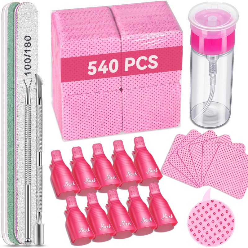TsMADDTs Gel Nail Polish Remover Tools Kit with 540 Lint Free Wipes, 10 Soak Off Clips, 100ml Nail Polish Remover Bottle, Cuticle Pusher/Peeler, File, Buffer Block - Image 1