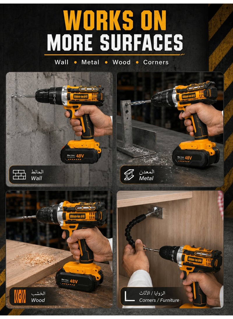ألونغد 48V Cordless Drill Set Power Drill Kit with 2 Pcs Battery 25 Position 2 Variable Speed 3/8'' Keyless Chuck Fast Charger and 24 Pcs Accessories with Case - Image 2