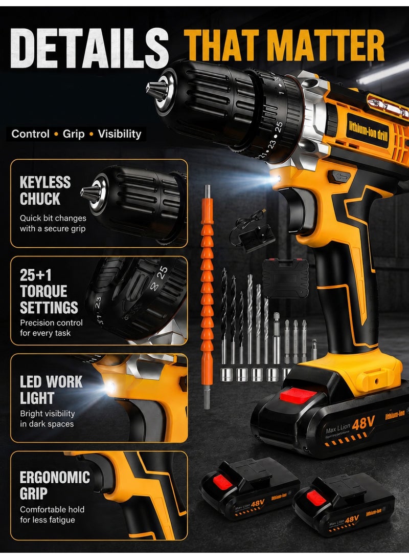 ألونغد 48V Cordless Drill Set Power Drill Kit with 2 Pcs Battery 25 Position 2 Variable Speed 3/8'' Keyless Chuck Fast Charger and 24 Pcs Accessories with Case - Image 5