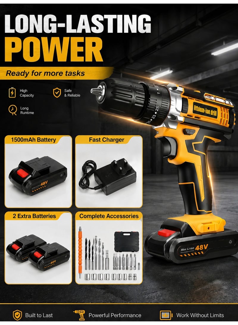 ألونغد 48V Cordless Drill Set Power Drill Kit with 2 Pcs Battery 25 Position 2 Variable Speed 3/8'' Keyless Chuck Fast Charger and 24 Pcs Accessories with Case - Image 3