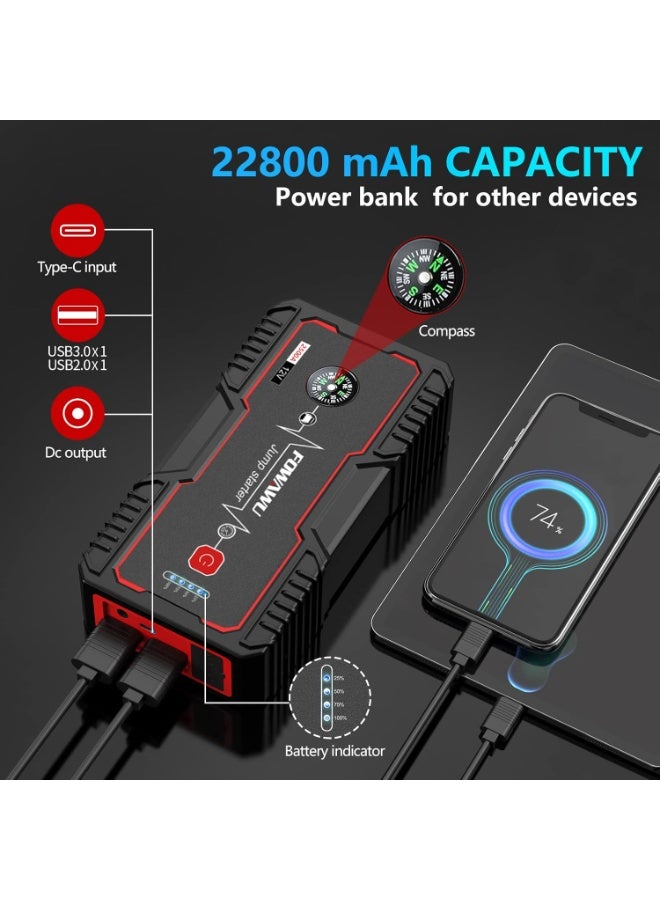 FOWAWU 22800mAh 2500A Car Jump Starter,Water-Resistant Jump Starter Battery Pack(8.0L Gas,6.5L Diesel),Battery Jumper Starter Portable with USB/DC 12V/LED Light - Image 4