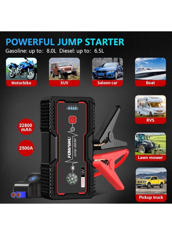 FOWAWU 22800mAh 2500A Car Jump Starter,Water-Resistant Jump Starter Battery Pack(8.0L Gas,6.5L Diesel),Battery Jumper Starter Portable with USB/DC 12V/LED Light - Image 5
