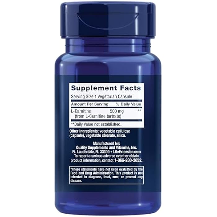 Life Extension L-Carnitine – 500 mg, Energy Supplement, Memory Supplement – Free Form Amino Acid, Nitric Oxide Support, Healthy Blood Pressure – Gluten-Free, Non-GMO, Vegetarian – 30 Capsules - Image 2