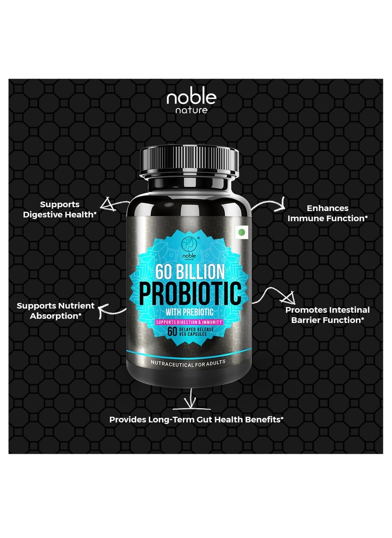 noble nature - Probiotic 60 Billion CFU, 10 Beneficial Strains, and Organic Prebiotics - Supports Digestion and Immunity for Women and Men - 60 Delayed Release Veg Capsules - Image 1