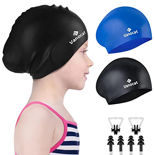 Vanocat 2 Pack Kids Swim Caps for Long/Short Hair, Unisex Silicone Swimming Cap for Age 3-15 Children Toddler Youth Teen, Waterproof Shower Cap Bathing Hats for Girls Boys with Ear Plugs & Nose Clip-8 - Image 1