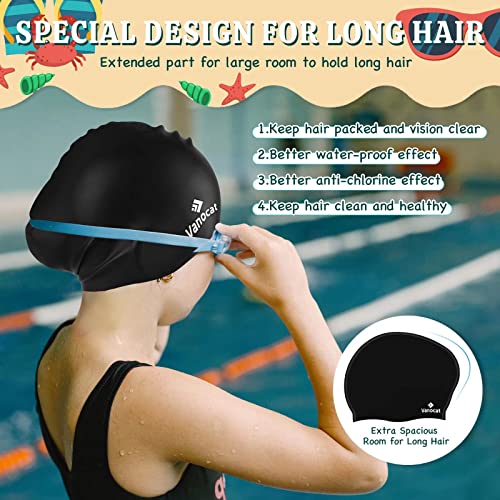 Vanocat 2 Pack Kids Swim Caps for Long/Short Hair, Unisex Silicone Swimming Cap for Age 3-15 Children Toddler Youth Teen, Waterproof Shower Cap Bathing Hats for Girls Boys with Ear Plugs & Nose Clip-8 - Image 5