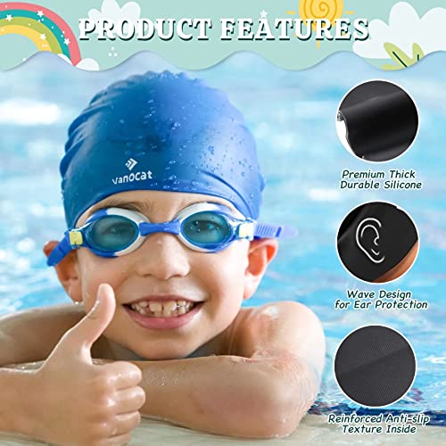 Vanocat 2 Pack Kids Swim Caps for Long/Short Hair, Unisex Silicone Swimming Cap for Age 3-15 Children Toddler Youth Teen, Waterproof Shower Cap Bathing Hats for Girls Boys with Ear Plugs & Nose Clip-8 - Image 3