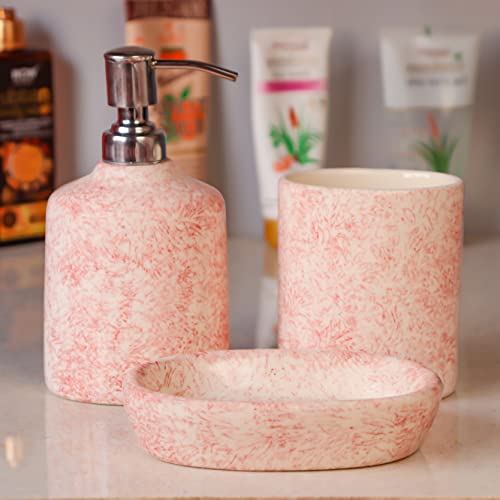 Kaolinite Ceramic Bathroom Accessories Set for Utility and Bathroom Decor | Liquid Soap Dispenser, soap Tray, Toothbrush Holder Brown Marble Design - Image 1