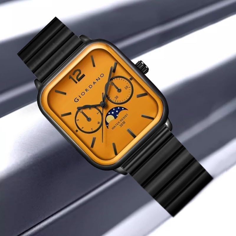 Giordano Classic Square Analog Watch for Men with Moon Phase Display and Stainless Steel Strap - Image 5