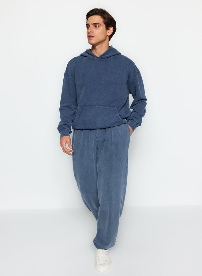 trendyol Indigo Limited Edition Oversize Wash Effect 100% Cotton Open Leg Sweatpants TMNAW24EA00002 - Image 3