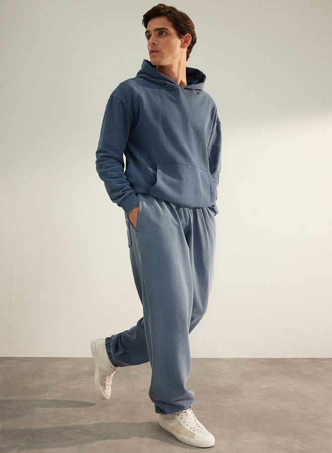 trendyol Indigo Limited Edition Oversize Wash Effect 100% Cotton Open Leg Sweatpants TMNAW24EA00002 - Image 2