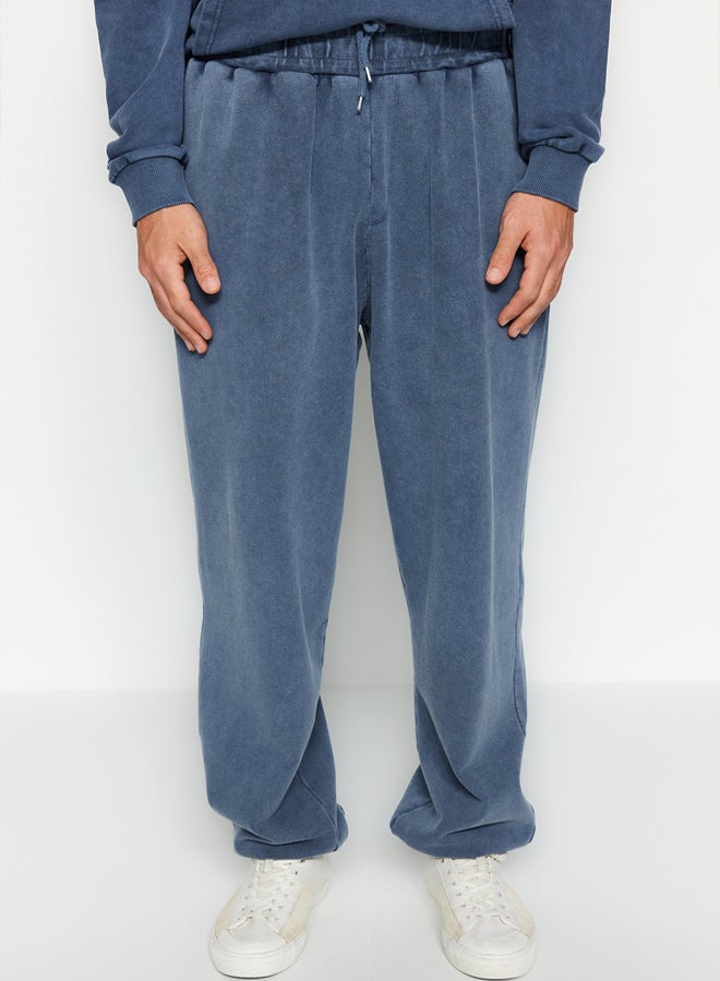 trendyol Indigo Limited Edition Oversize Wash Effect 100% Cotton Open Leg Sweatpants TMNAW24EA00002 - Image 4