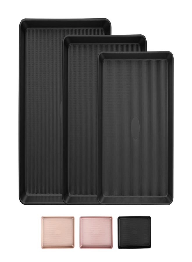 Sakerplus Nonstick Baking Sheet Pan Set of 3, Heavy Duty Cookie Sheets for Oven with Stripe Texture Pattern, 0.8mm Thick Quarter/Half/Jelly Roll Pans, Rust-Resistant & Easy Clean (Black) - Image 1