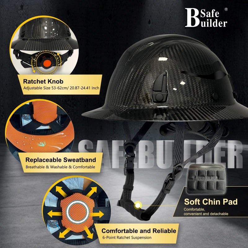 SAFEBUILDER Carbon Fiber Full Brim Hard Hats Made of Carbon Fiber Safety Helmet 6-Point Suspension ANSI Certified for Construction, Industrial, Outdoor Work (Carbon Fiber Hard Hats-A Black) - Image 5