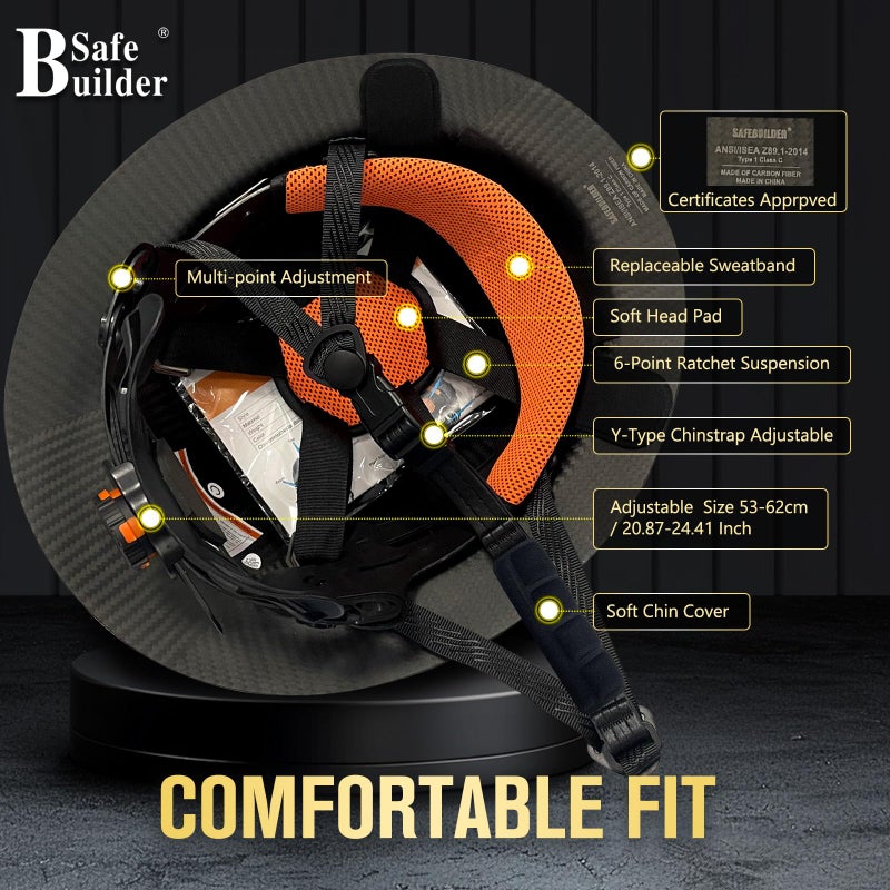 SAFEBUILDER Carbon Fiber Full Brim Hard Hats Made of Carbon Fiber Safety Helmet 6-Point Suspension ANSI Certified for Construction, Industrial, Outdoor Work (Carbon Fiber Hard Hats-A Black) - Image 3