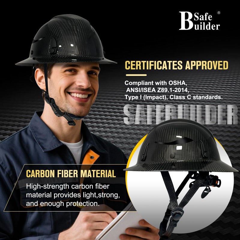 SAFEBUILDER Carbon Fiber Full Brim Hard Hats Made of Carbon Fiber Safety Helmet 6-Point Suspension ANSI Certified for Construction, Industrial, Outdoor Work (Carbon Fiber Hard Hats-A Black) - Image 4