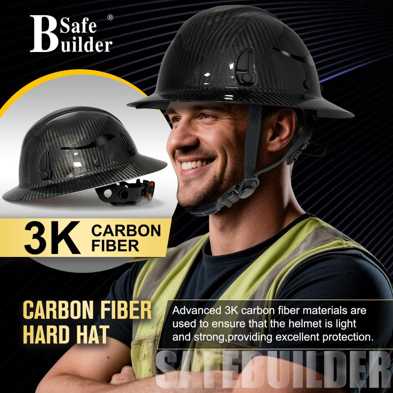 SAFEBUILDER Carbon Fiber Full Brim Hard Hats Made of Carbon Fiber Safety Helmet 6-Point Suspension ANSI Certified for Construction, Industrial, Outdoor Work (Carbon Fiber Hard Hats-A Black) - Image 2