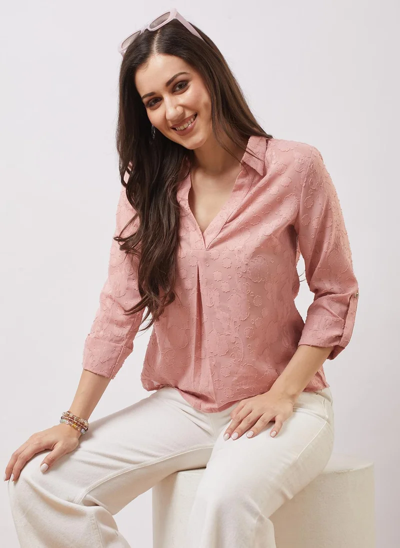 globus Globus Women Pink Collared V-neck Roll-up Sleeves Floral Self Design Shirt Style Top