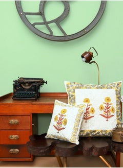 OJARIYA Yellow Floral Hand Printed Premium Organic Cotton Quilted Cushion Cover 65 X 65 Cm  - Image 4