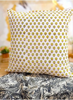 OJARIYA Yellow Floral Hand Printed Premium Organic Cotton Quilted Cushion Cover 65 X 65 Cm  - Image 2