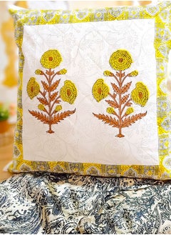 OJARIYA Yellow Floral Hand Printed Premium Organic Cotton Quilted Cushion Cover 65 X 65 Cm  - Image 1