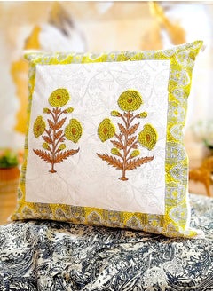 OJARIYA Yellow Floral Hand Printed Premium Organic Cotton Quilted Cushion Cover 65 X 65 Cm  - Image 3