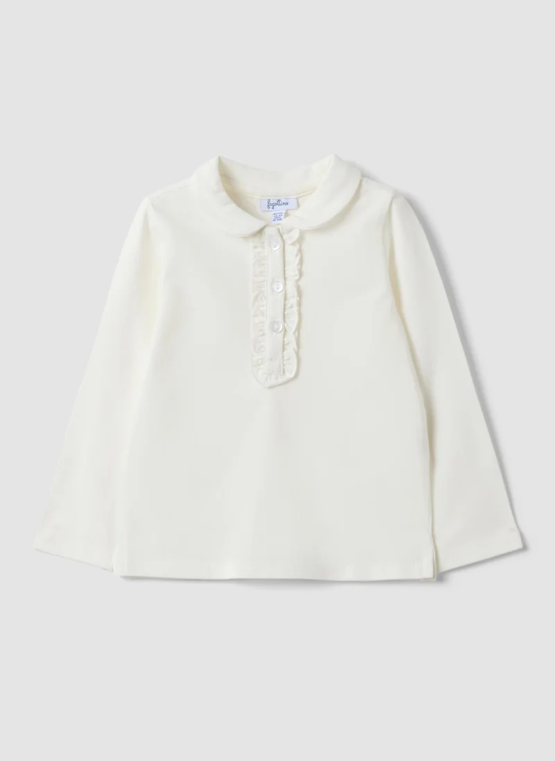 Ovs OVS White Stretch Organic Cotton Polo Shirt With Ruffle Detailing For Baby Girl