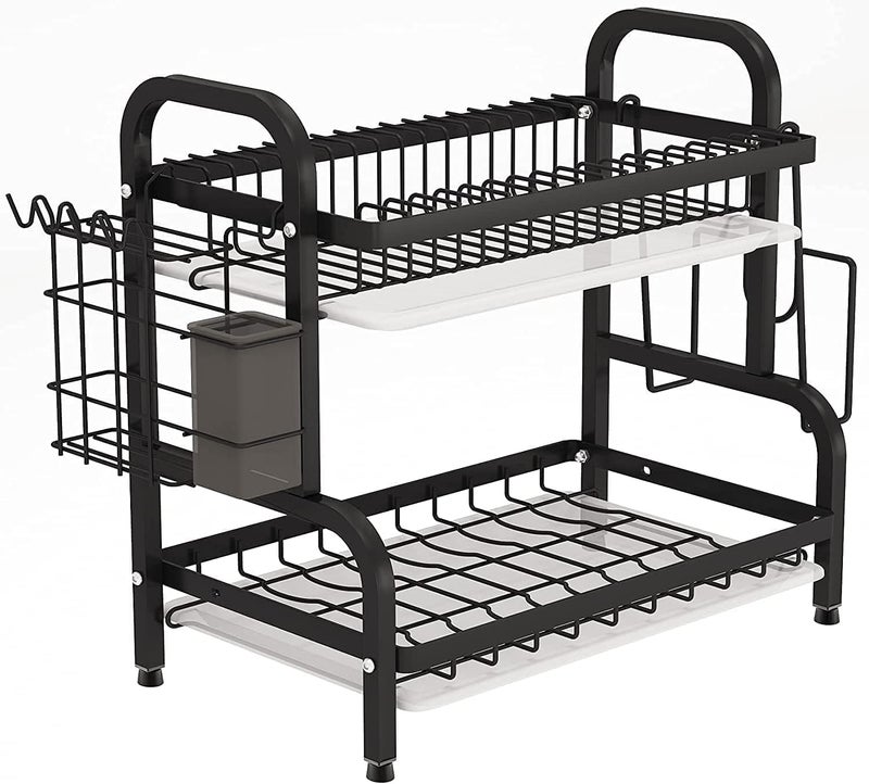 DECORHILLS 2-Tier Compact Kitchen Dish Drying Rack with Utensil Holder and Cutting Board Holder, Black - Image 1