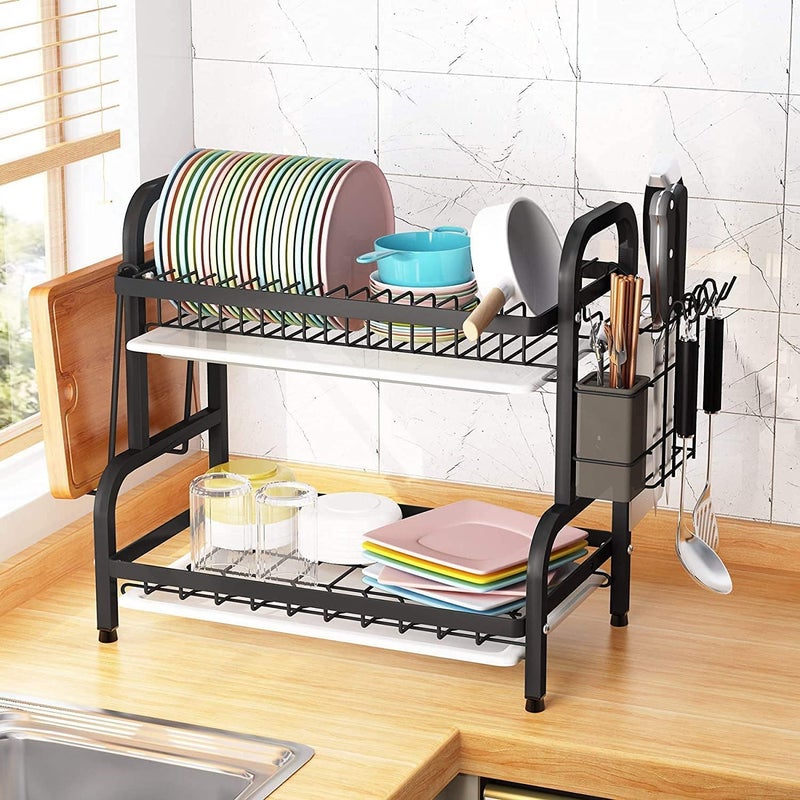 DECORHILLS 2-Tier Compact Kitchen Dish Drying Rack with Utensil Holder and Cutting Board Holder, Black - Image 5