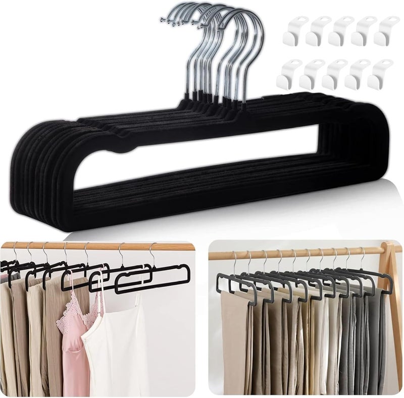 WJWSKI Velvet Hangers Non Slip - 20 Pack Pants Hangers for Closet - Thin Space Saving Clothes Hanger - Strong, Durable, Jean Perchas with 360 Degree Rotatable Hook for Tank Top (Black Silver Hook) - Image 1