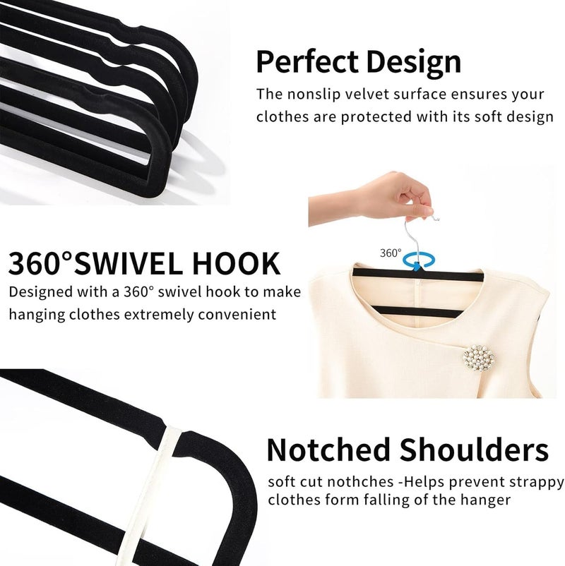 WJWSKI Velvet Hangers Non Slip - 20 Pack Pants Hangers for Closet - Thin Space Saving Clothes Hanger - Strong, Durable, Jean Perchas with 360 Degree Rotatable Hook for Tank Top (Black Silver Hook) - Image 2