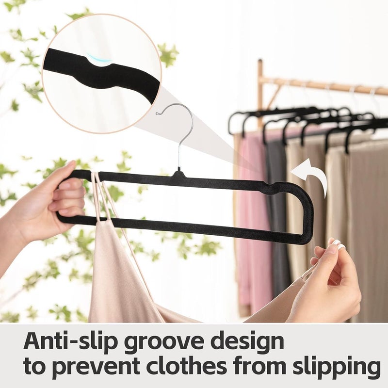 WJWSKI Velvet Hangers Non Slip - 20 Pack Pants Hangers for Closet - Thin Space Saving Clothes Hanger - Strong, Durable, Jean Perchas with 360 Degree Rotatable Hook for Tank Top (Black Silver Hook) - Image 4