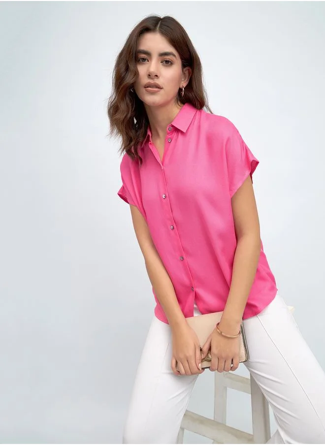 دينيس لينغو Pink Relaxed Fit Shirt for Women - Viscose Moss, Solid, Half Sleeves, Casual,