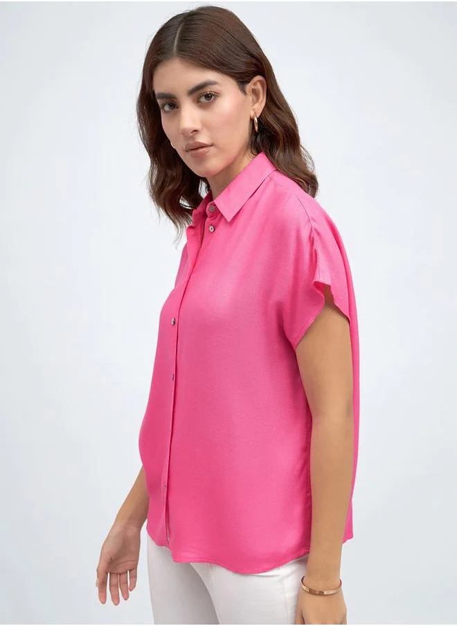 دينيس لينغو Pink Relaxed Fit Shirt for Women - Viscose Moss, Solid, Half Sleeves, Casual,