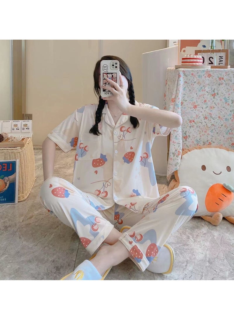 DubaiGallery New Summer Short-sleeved Shorts And Trousers Three-piece Cute Cartoon Women's Pajama Suit Thin Girl's Cardigan Home Clothes
