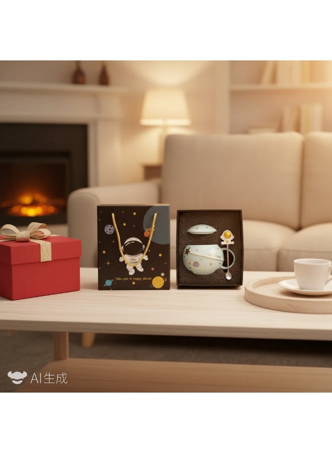 Y&D Astronaut Cup Space Embossed Planet Mug 13.52oz Ceramic Coffee Mugs with Lid And Spoon Gift Box Cute Ceramic Coffee Mug Unique Gift Birthday For Girl Boy Women Men (Light Blue) - Image 2