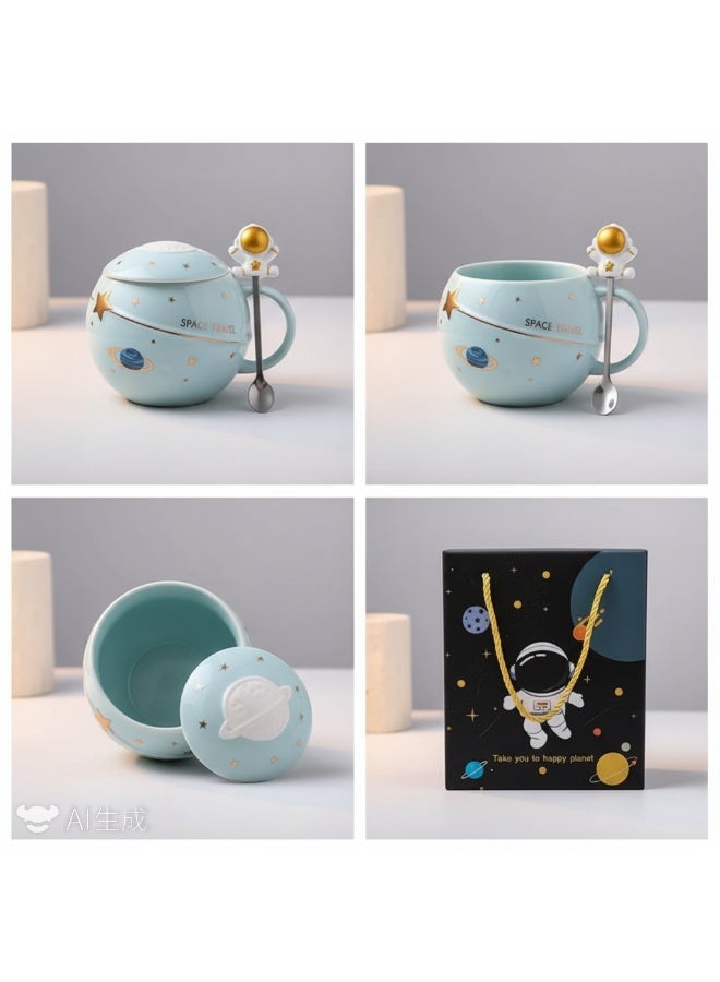 Y&D Astronaut Cup Space Embossed Planet Mug 13.52oz Ceramic Coffee Mugs with Lid And Spoon Gift Box Cute Ceramic Coffee Mug Unique Gift Birthday For Girl Boy Women Men (Light Blue) - Image 1