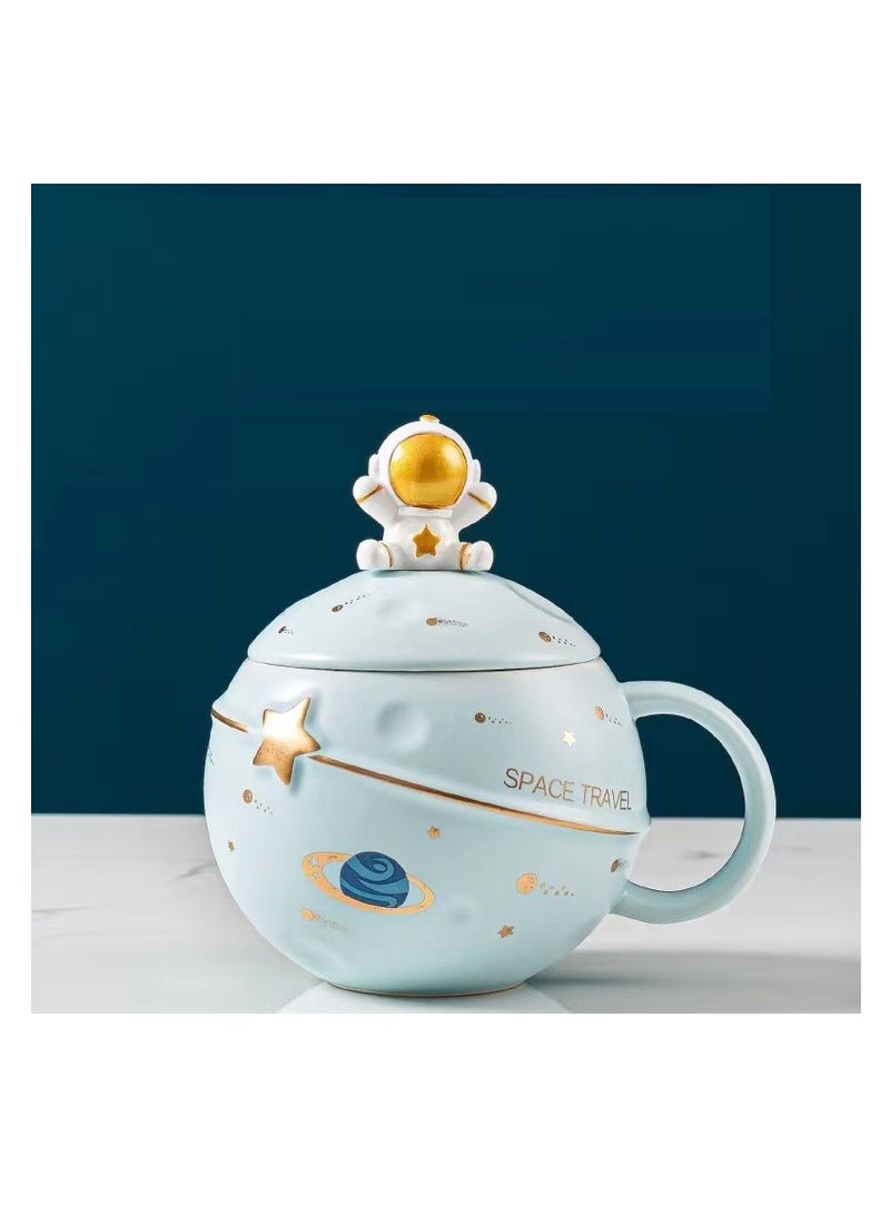 Y&D Astronaut Cup Space Embossed Planet Mug 13.52oz Ceramic Coffee Mugs with Lid And Spoon Gift Box Cute Ceramic Coffee Mug Unique Gift Birthday For Girl Boy Women Men (Light Blue)  - Image 2