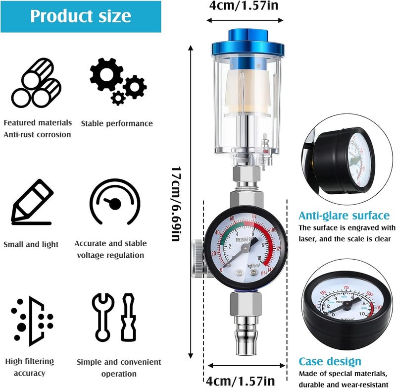 Hortsun 2 Packs 14 Inch Air Pressure Regulator Water Separator Air Compressor for Spray Gun Regulator with Pressure Gauge and Water Trap Filter  - Image 2