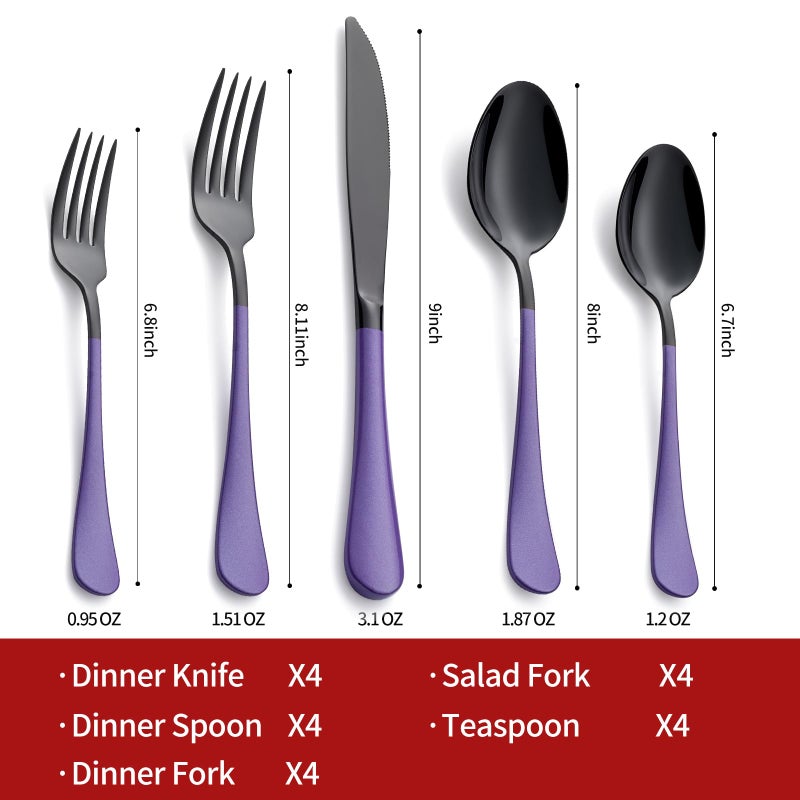 Onlycooker 20-Piece Black Silverware Set 18/0 Stainless Steel Flatware Purple Handle Cutlery Set Service for 4 Dinner Knives Forks Spoons Set Mirror Finish Dishwasher Safe - Image 2