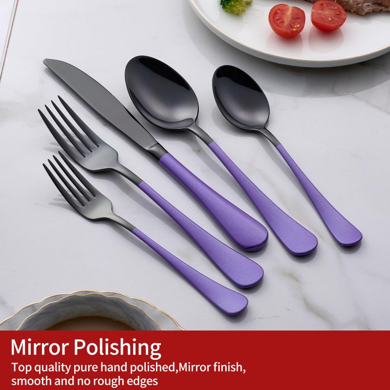 Onlycooker 20-Piece Black Silverware Set 18/0 Stainless Steel Flatware Purple Handle Cutlery Set Service for 4 Dinner Knives Forks Spoons Set Mirror Finish Dishwasher Safe - Image 3