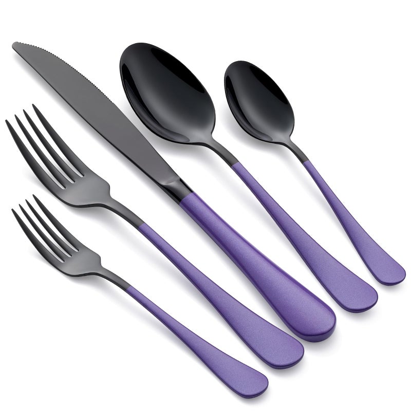 Onlycooker 20-Piece Black Silverware Set 18/0 Stainless Steel Flatware Purple Handle Cutlery Set Service for 4 Dinner Knives Forks Spoons Set Mirror Finish Dishwasher Safe - Image 1